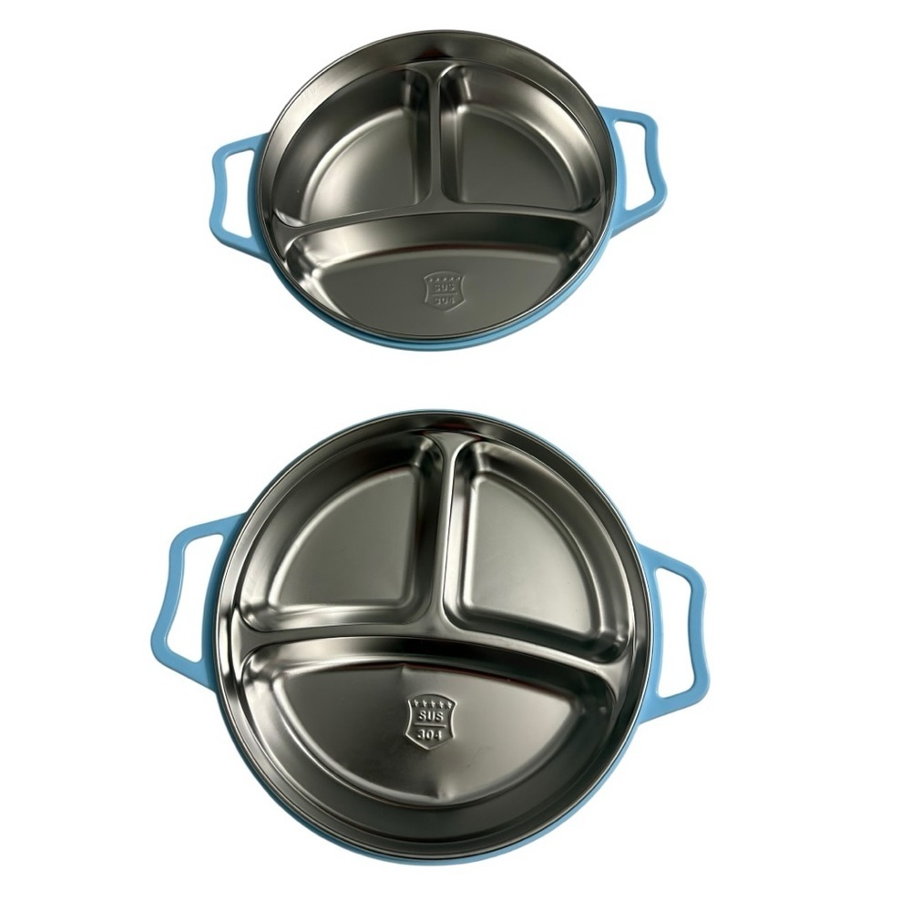 Stainless Steel Divided Plates with Blue Handles. New.